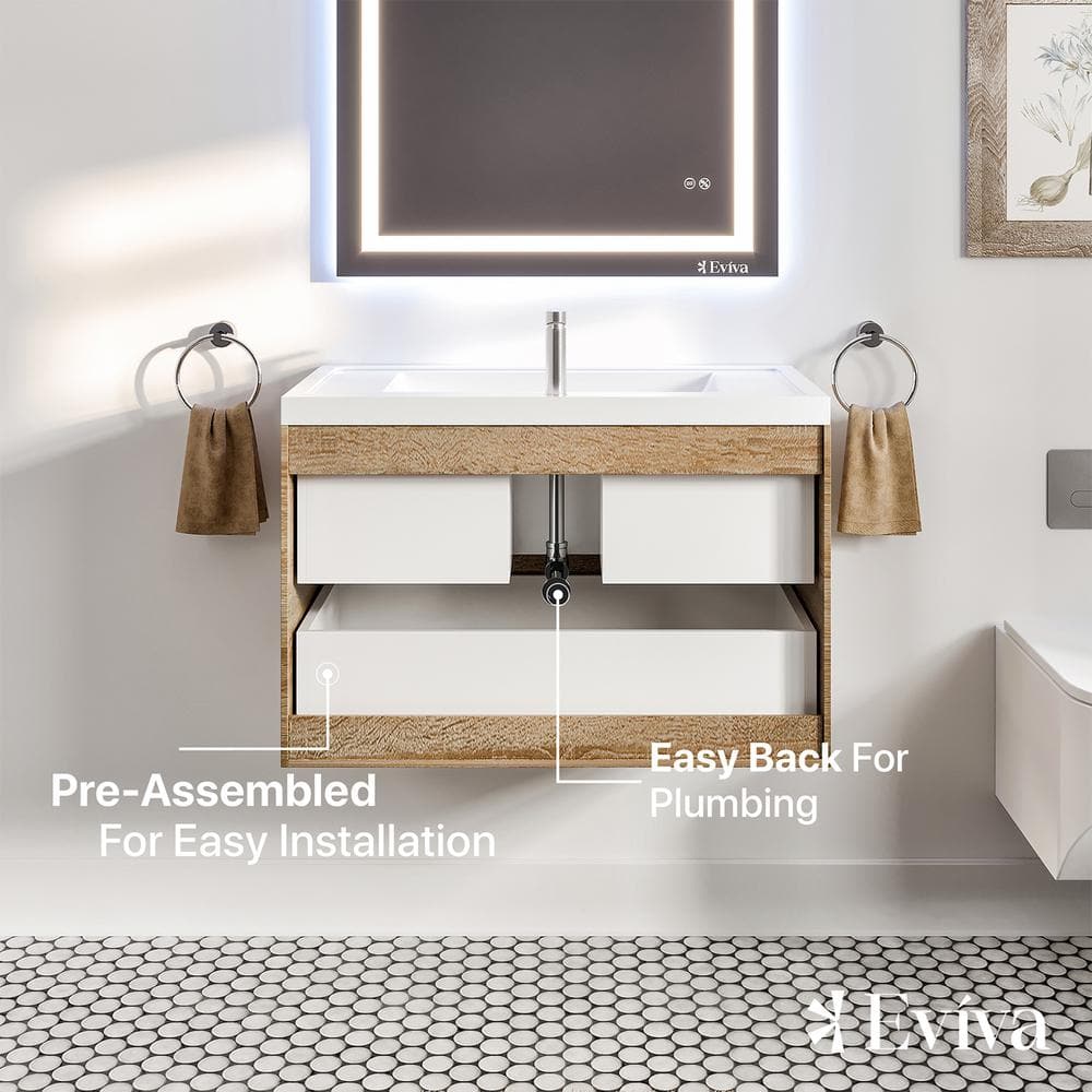 Eviva Smile 36" White Oak Wall-Mount Bathroom Vanity with Acrylic Sink