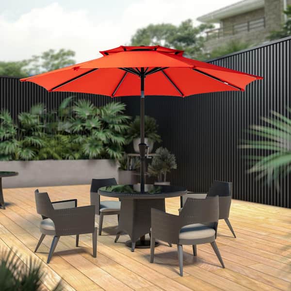 JEAREY 9FT Two Layer Wind Vent Patio Market Umbrella with Push Button and Tilt Crank Lifting in Orange