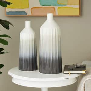 Dark Gray Dimensional Textured Ombre Ceramic Decorative Vase with Cream Accent (Set of 2)