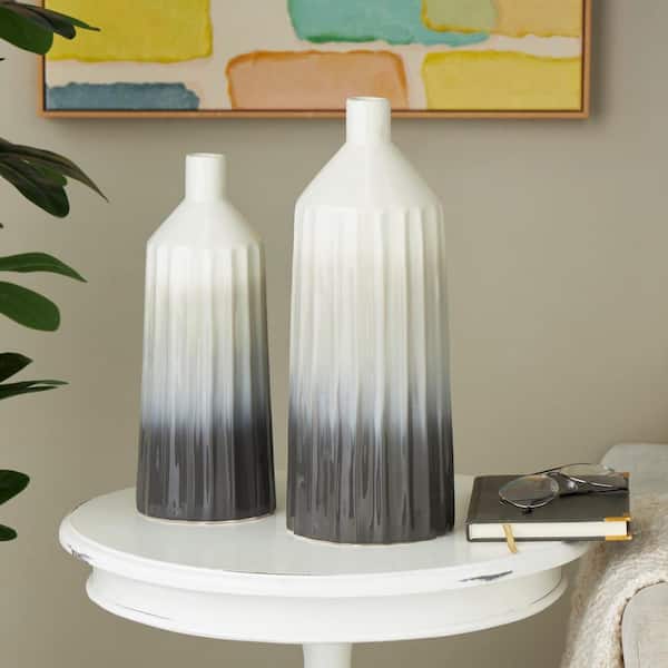 Litton Lane Dark Gray Dimensional Textured Ombre Ceramic Decorative Vase with Cream Accent (Set of 2)
