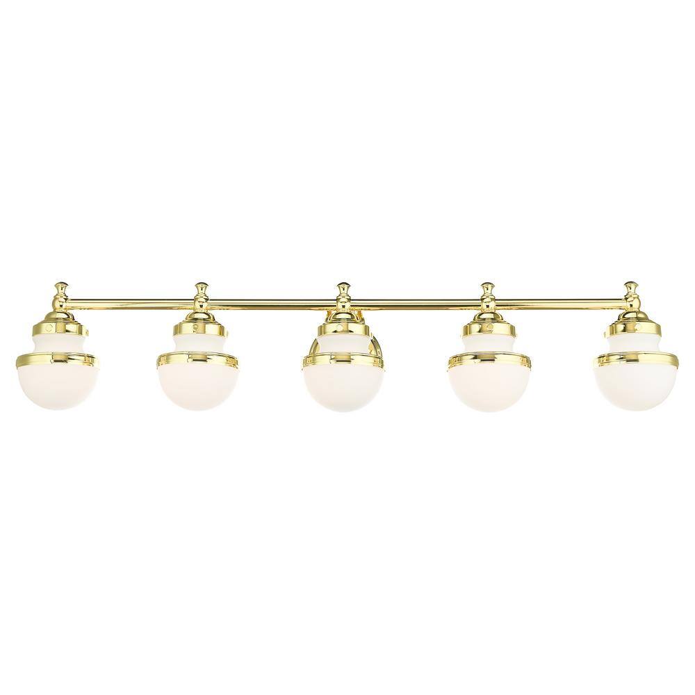 Polished Brass 5-Light Vanity with Satin Opal Glass
