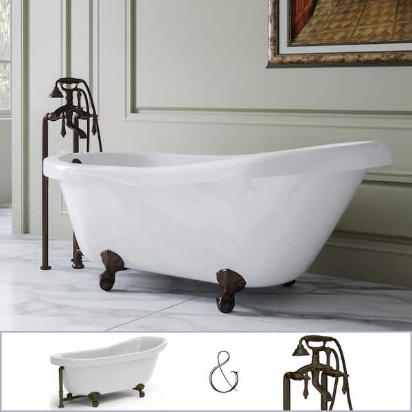 PELHAM & WHITE Glendale 67 in. Acrylic Slipper Clawfoot Bathtub in White, Ball-and-Claw Feet, Floor-Mount Faucet in Oil Rubbed Bronze