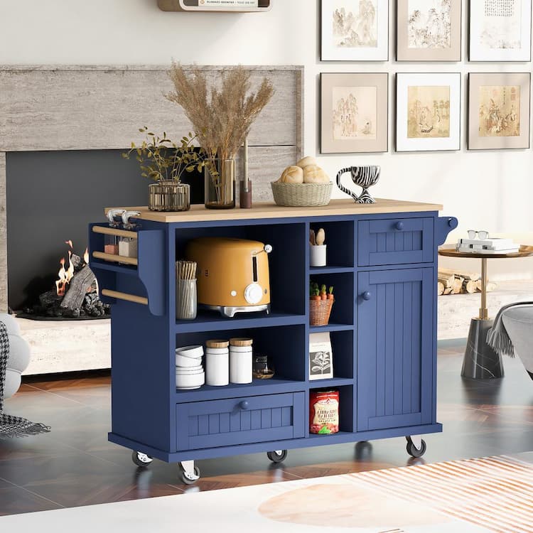 FAMYYT Blue Rolling Rubber Wood Desktop 51 in. Kitchen Island with Microwave Cabinet