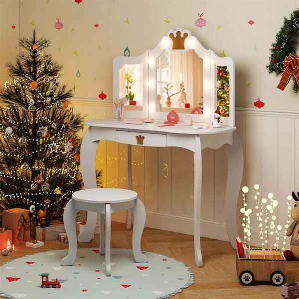 Kids Vanity Set Princess Vanity Table and Chair Set with Lighted Mirror White