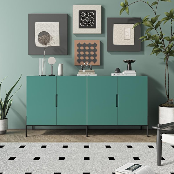 FUFU&GAGA Mint Green Wooden 30.9 in. Height Storage Cabinet, Sideboard with 4 Adjustable Height Shelves & Black Metal Legs