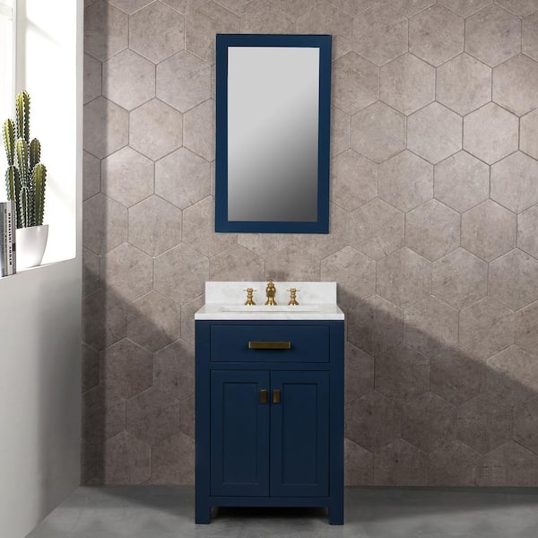 Water Creation Madison 24 in.W x 21.5 in.D x 34 in.H Single Sink Bath Vanity in Monarch Blue with Carrara White Marble Top and Mirror