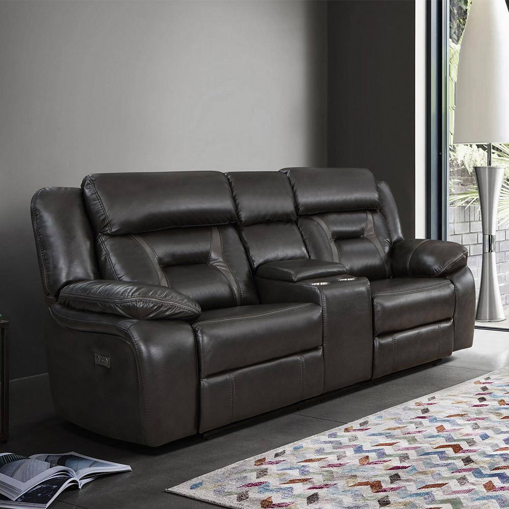 Belmont 76 in. W Dark Gray Faux Leather Power Double Reclining Loveseat wit