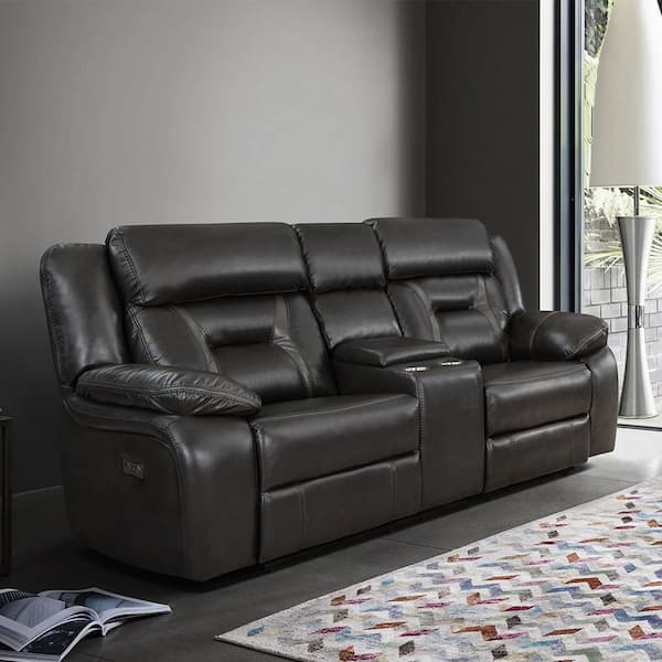 Lazzara Belmont 76 in. W Dark Gray Faux Leather Power Double Reclining Loveseat with Center Console