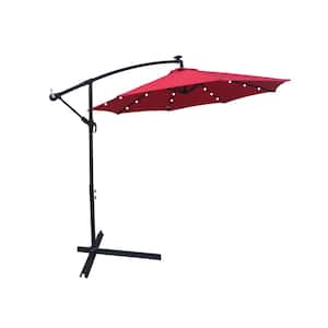 10 ft. Outdoor Patio Cantilever Umbrella Solar Powered LED Lighted with Crank in Red