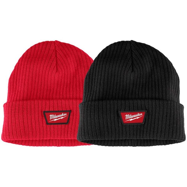 Men's Red and Black Rib-Knit Cuffed Beanie Hat (2-Pack)
