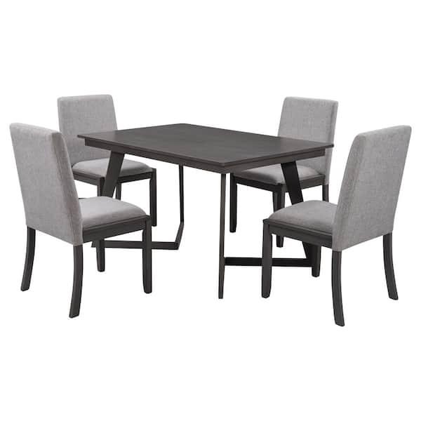 maocao hoom 5-PieceGray Wood Dining Set with 4-Gray Linen Fabric Chairs