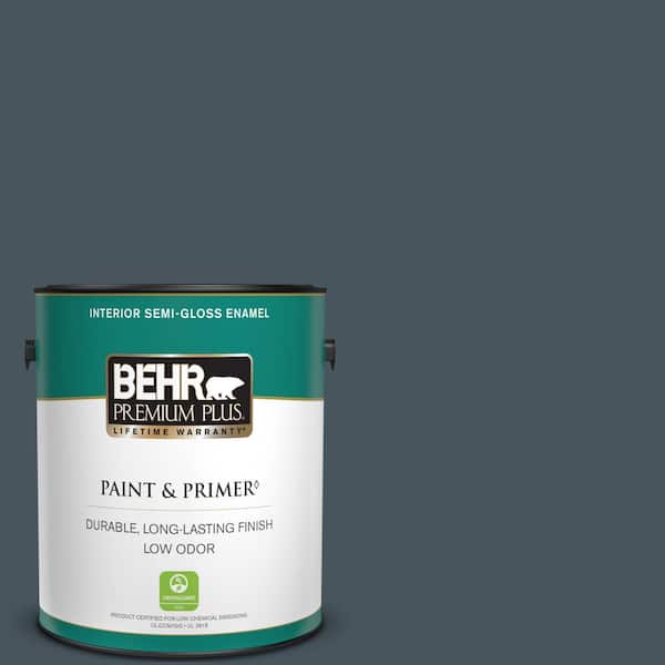 BEHR PREMIUM PLUS 1 gal. #BNC-40 Moody Black Semi-Gloss Enamel Low Odor Interior Paint & Primer