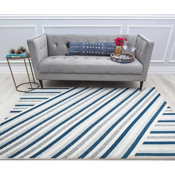 Isaac Mizrahi Callum Beveled Blue 2'6"x8' Contemporary Beige Area Rug