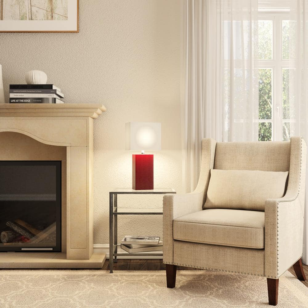 Modern Red Leather Table Lamp with White Fabric Shade