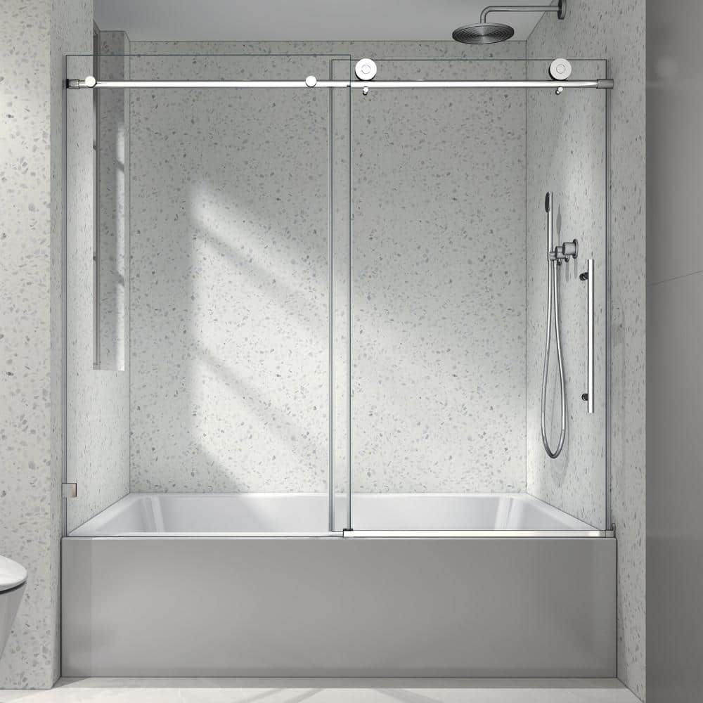 60 in. W x 63 in. H Single Sliding Frameless Stainless Steel Tub Door in Ch