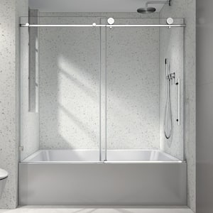 60 in. W x 63 in. H Single Sliding Frameless Stainless Steel Tub Door in Chrome with 5/16 in. Clear Glass