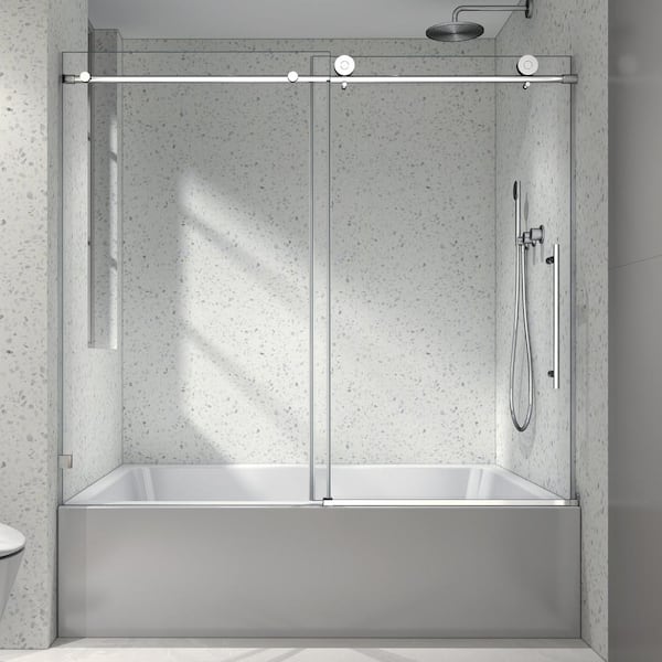 Abruzzo 60 in. W x 63 in. H Single Sliding Frameless Stainless Steel Tub Door in Chrome with 5/16 in. Clear Glass