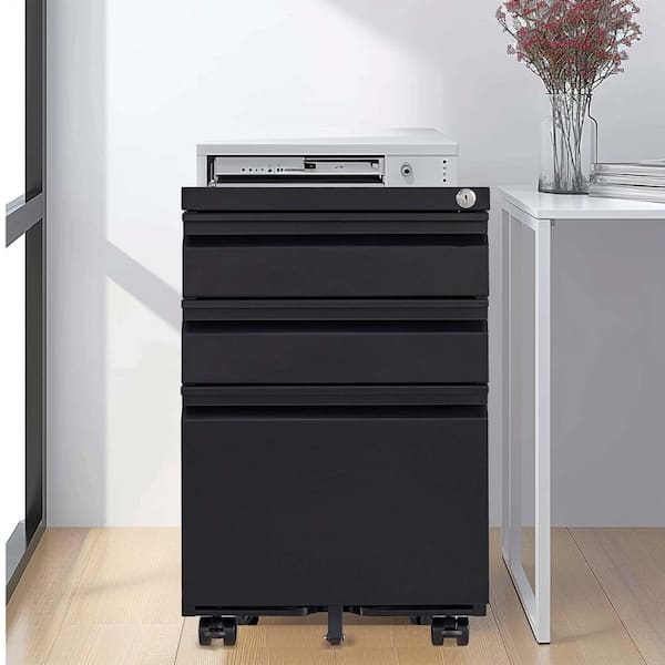 Unbranded 3 Drawer Black Metal 15 in. W x 24 in. H Vertical File Cabinet with Lock Under Desk Metal Filing Cabinet Fully Assembled