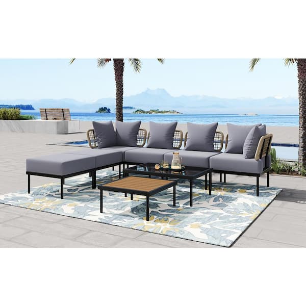 JimsMaison 8-Piece Metal Patio Conversation Set with Light Grey Cushions