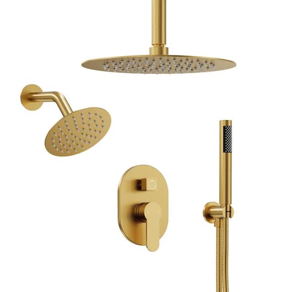 ClassicRain Multifunction 3-Spray Round High Pressure 10 and 6 in. Dual Shower Heads with Handheld in Brushed Gold