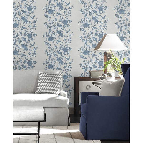 60.75 sq. ft. Coastal Haven Denim Blue Aloha Bird Trail Embossed Vinyl Unpasted Wallpaper Roll