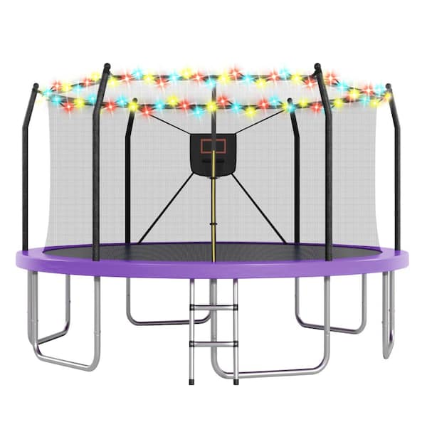 Purple Steel Outdoor 14 FT Trampoline with Lights and Basketball Hoop for Kids and Adults