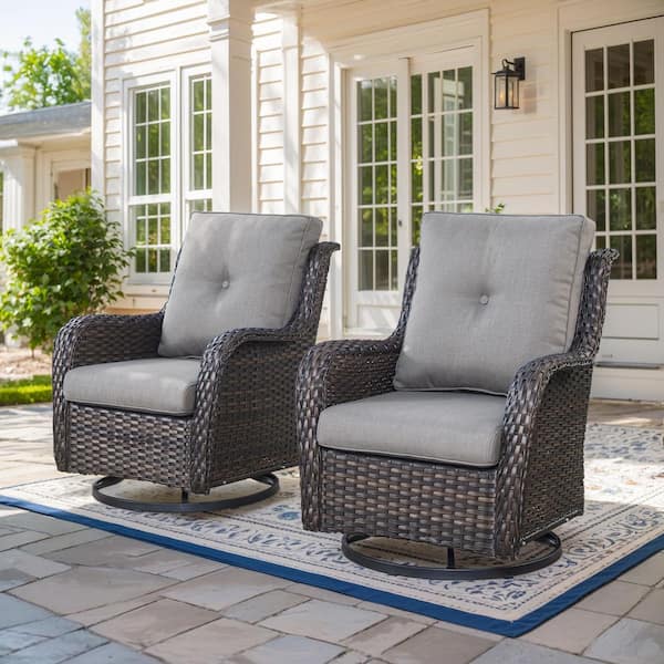 5-Piece Brown Wicker Patio Conversation Set with Gray Cushions and Swivel Glider Chairs/Ottomans/Side Table