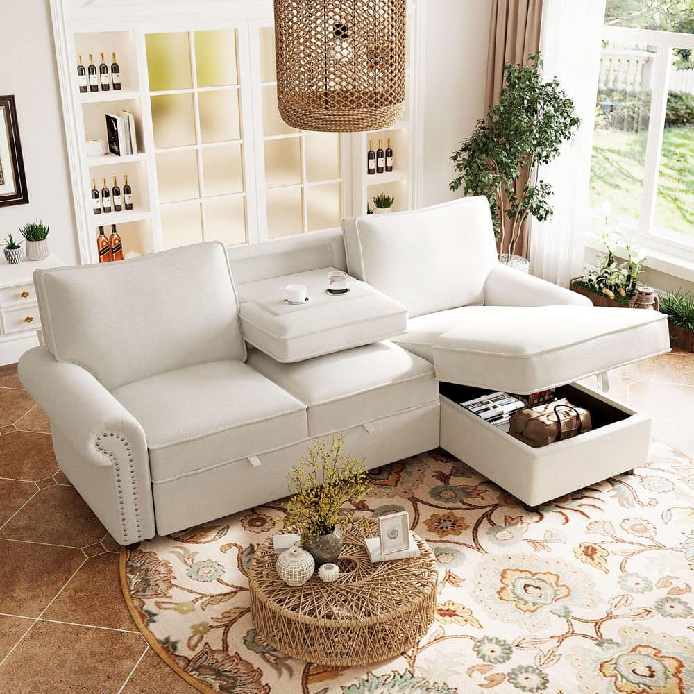 95 in. Rolled Arm Polyester with Storage Chaise, Pull-Down Backrest, Cup Holders Convertible Sectional Sofa in Beige price history on PriceWatchPro