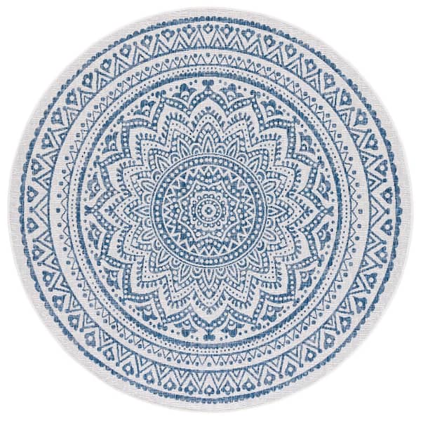 Courtyard Ivory/Navy 4 ft. x 4 ft. Round Medallion Indoor/Outdoor Area Rug