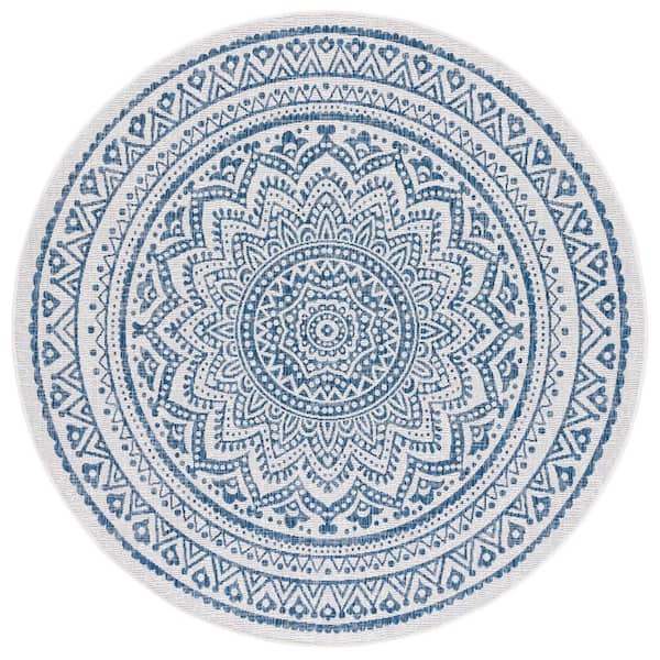 SAFAVIEH Courtyard Ivory/Navy 7 ft. x 7 ft. Round Medallion Indoor/Outdoor Area Rug