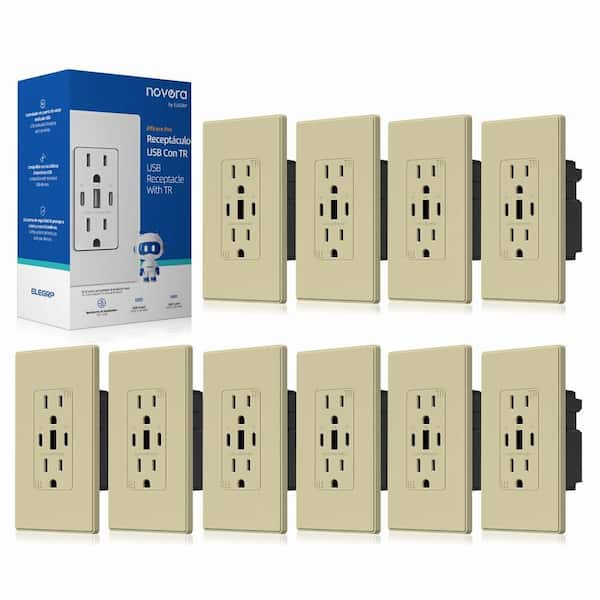 30W 6.0 Amp 3-Port USB Wall Outlet 15A Duplex Receptacle with Dual Type C and A Ports w/ Wall Plate Matte Ivory 10-Piece
