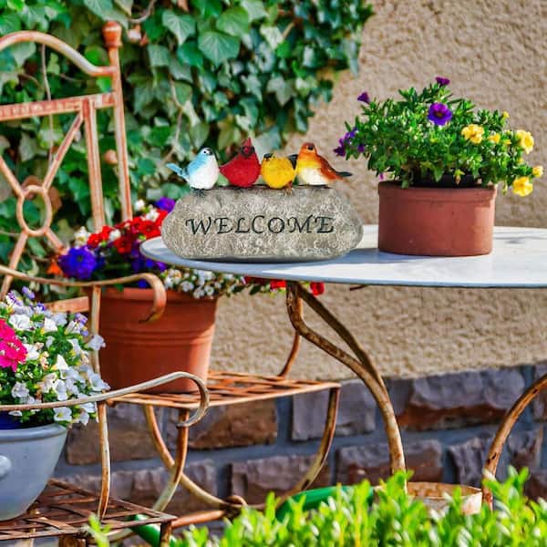 11 in. x 6 in. Multi-Colored Resin Bird Welcome Sign Stone Garden