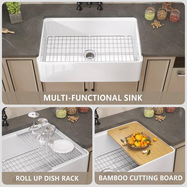 Fireclay 33 in. Single Bowl Farmhouse Apron Front Reversible Kitchen Sink in White with Cutting Board and Grid Fireclay 33 in. Single Bowl Farmhouse Apron Front Reversible Kitchen Sink in White with Cutting Board and Grid
