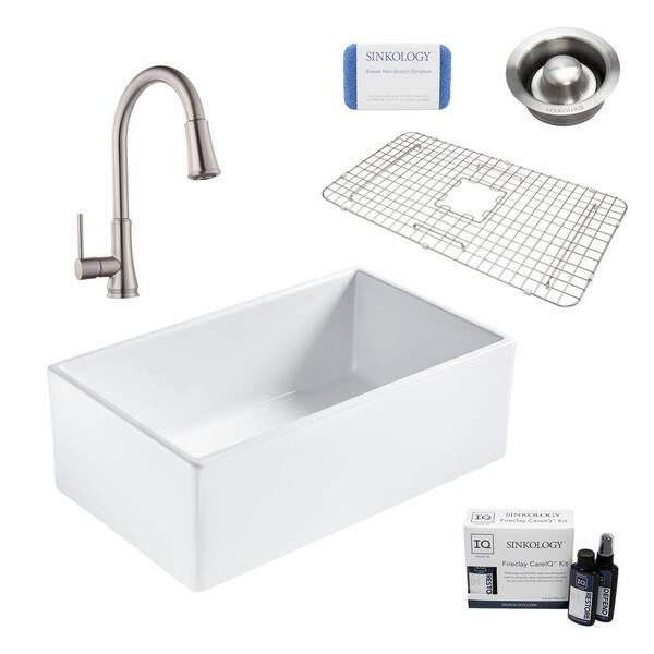 SINKOLOGY Bradstreet II All-in-One Farmhouse Fireclay 30 in. Single Bowl Kitchen Sink with Stainless Faucet and Disposal Drain