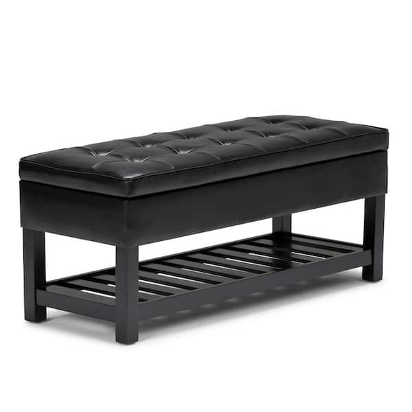 Simpli Home Cosmopolitan 44 in. Wide Transitional Rectangle Storage Ottoman Bench with Open Bottom in Midnight Black Faux Leather