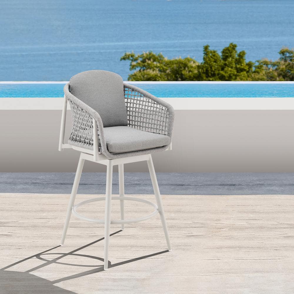 Rhodes Bar Height Swivel Aluminum Outdoor Bar Stool with Light Gray Cushion