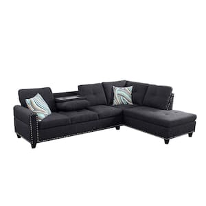 103.50 in. W Round Arm 2-piece Linen L Shaped Modern Right Facing Sectional Sofa Set in Black w/Drop Down Table