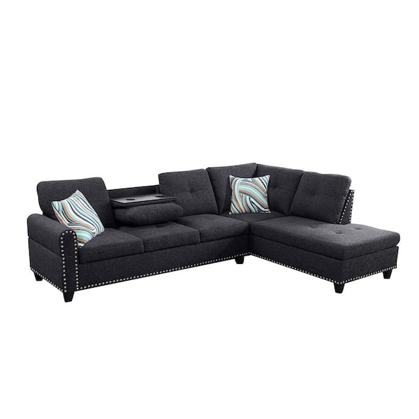 Star Home Living 104 in. Round Arm 2-Piece Linen L-Shaped Sectional Sofa in Black Gray