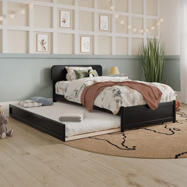 Capri Black Wood Frame Twin Platform Bed with Panel Footboard and Twin Trundle