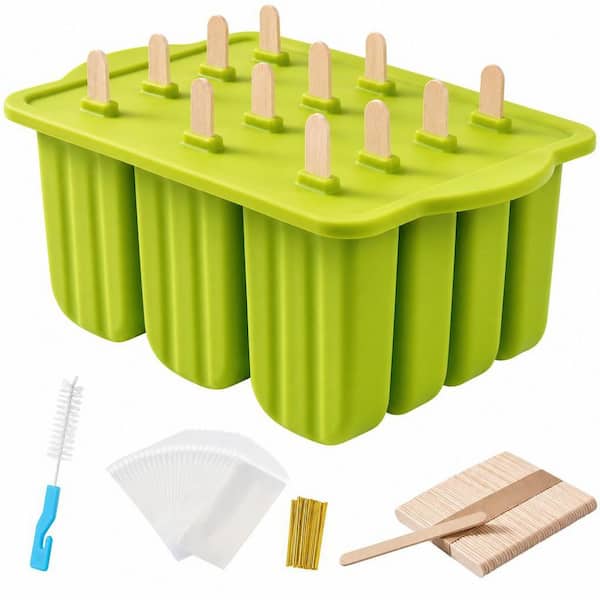 12 Cavities Green Silicone Popsicle Mold, Ice Pop Mold with 50-Piece Popsicle Sticks and Cleaning Brush