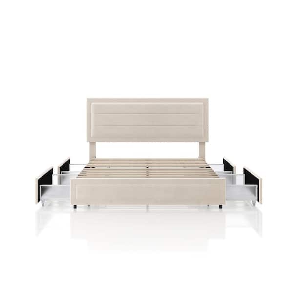 Kieranne Ivory Beige Upholstered Metal Frame Full Platform Bed With 4 Side Drawers