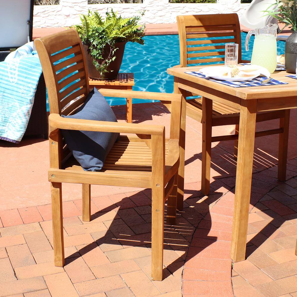 Light Brown Teak Outdoor Slatted Dining Armchair
