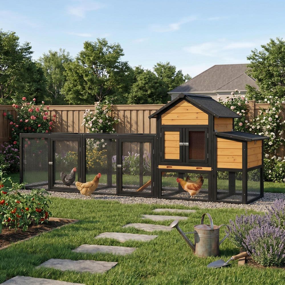 GOGEXX Weather-Resistant Outdoor Wooden Chicken Coop with Run, Pull-Out ...