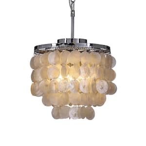 14 in. 3-Light Coastal Tiered Natural Capiz Seashell Chandelier in Chrome