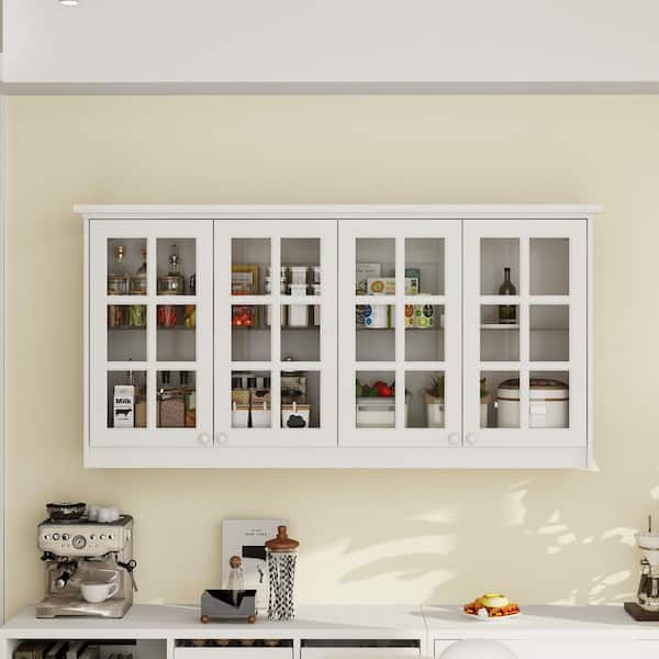 White Wood 63.4 in. W Sideboard Buffet Cabinet with 4-Glass Doors, Wall Mounting or Floor Standing in Dining Room