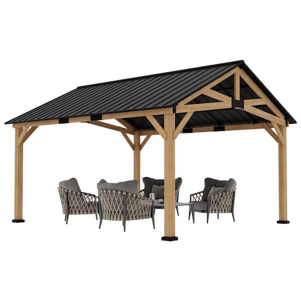 13 ft. x 15 ft. Wood Hardtop Outdoor Patio Gazebo with Galvanized Steel Roof and Ceiling Hook