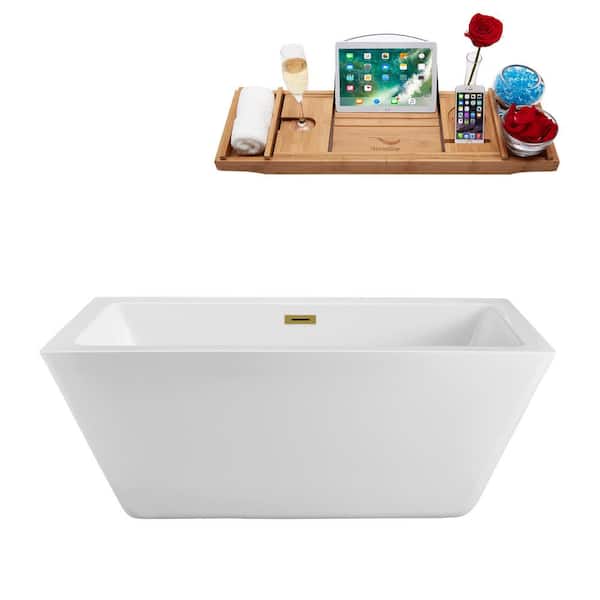 Streamline 70 in. Acrylic Flatbottom Non-Whirlpool Bathtub in Glossy White with Brushed Gold Drain and Overflow Cover