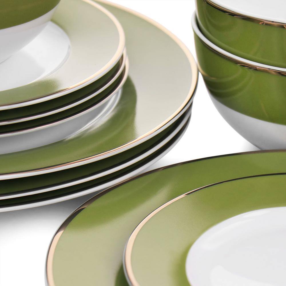 Green and Gold Rimmed 12-Piece Ceramic Dinnerware Set