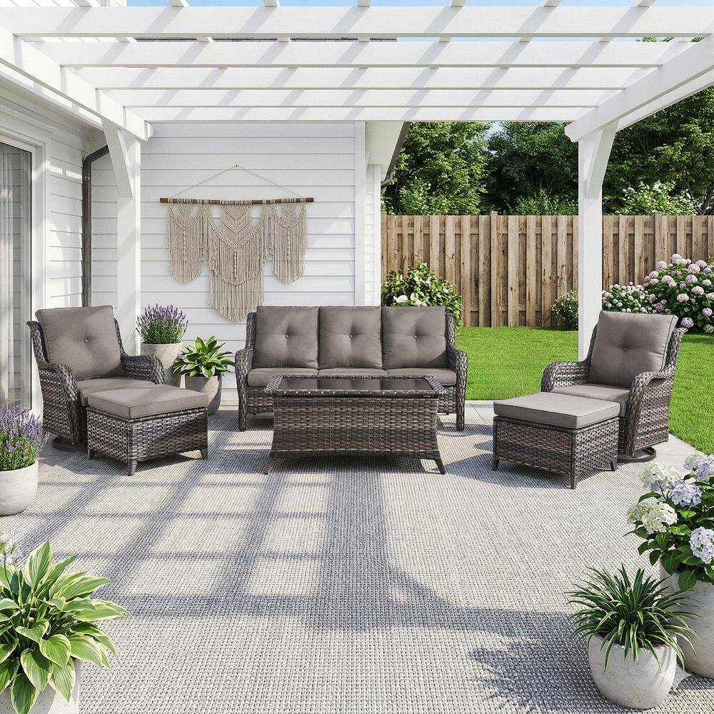 ArcLine 6-Piece Gray Wicker Patio Conversation Set with Olefin Gray Cushions and Swivel Glider Chairs/Sofa price history on PriceWatchPro