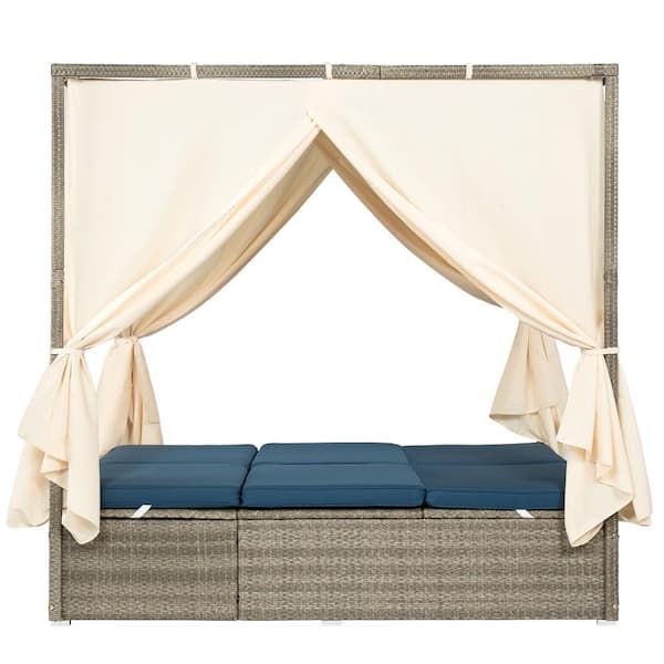 Brown Wicker Outdoor Day Bed with Blue Cushions, Curtain and Adjustable Sun Bed